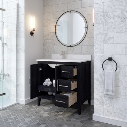 Meuble-lavabo Vance avec multiprise et ports USB, armoire en bois massif, comptoir en quartz Diamond, tiroirs et portes à fermeture amortie, évier en céramique sous plan, préassemblé