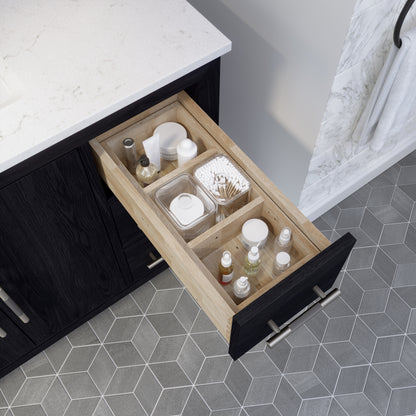 Meuble-lavabo Vance avec multiprise et ports USB, armoire en bois massif, comptoir en quartz Diamond, tiroirs et portes à fermeture amortie, évier en céramique sous plan, préassemblé
