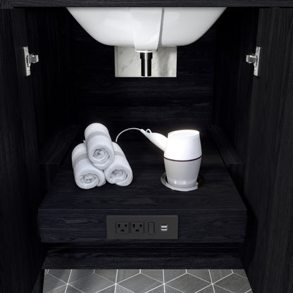 Meuble-lavabo Vance avec multiprise et ports USB, armoire en bois massif, comptoir en quartz Diamond, tiroirs et portes à fermeture amortie, évier en céramique sous plan, préassemblé