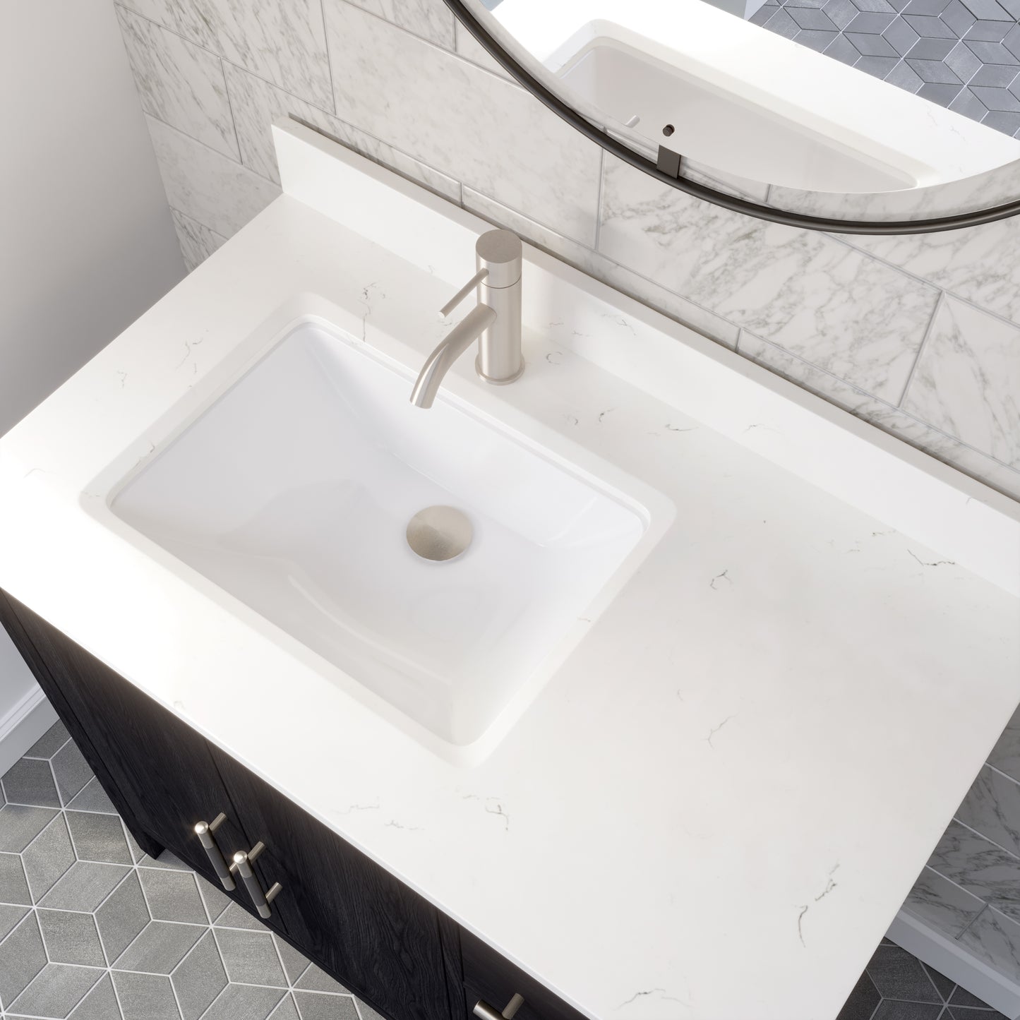 Meuble-lavabo Vance avec multiprise et ports USB, armoire en bois massif, comptoir en quartz Diamond, tiroirs et portes à fermeture amortie, évier en céramique sous plan, préassemblé