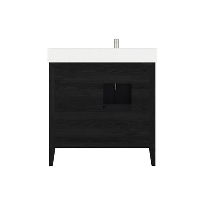 Meuble-lavabo Vance avec multiprise et ports USB, armoire en bois massif, comptoir en quartz Diamond, tiroirs et portes à fermeture amortie, évier en céramique sous plan, préassemblé