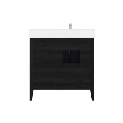 Meuble-lavabo Vance avec multiprise et ports USB, armoire en bois massif, comptoir en quartz Diamond, tiroirs et portes à fermeture amortie, évier en céramique sous plan, préassemblé