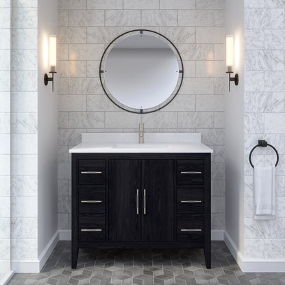 Meuble-lavabo Vance avec multiprise et ports USB, armoire en bois massif, comptoir en quartz Diamond, tiroirs et portes à fermeture amortie, évier en céramique sous plan, préassemblé