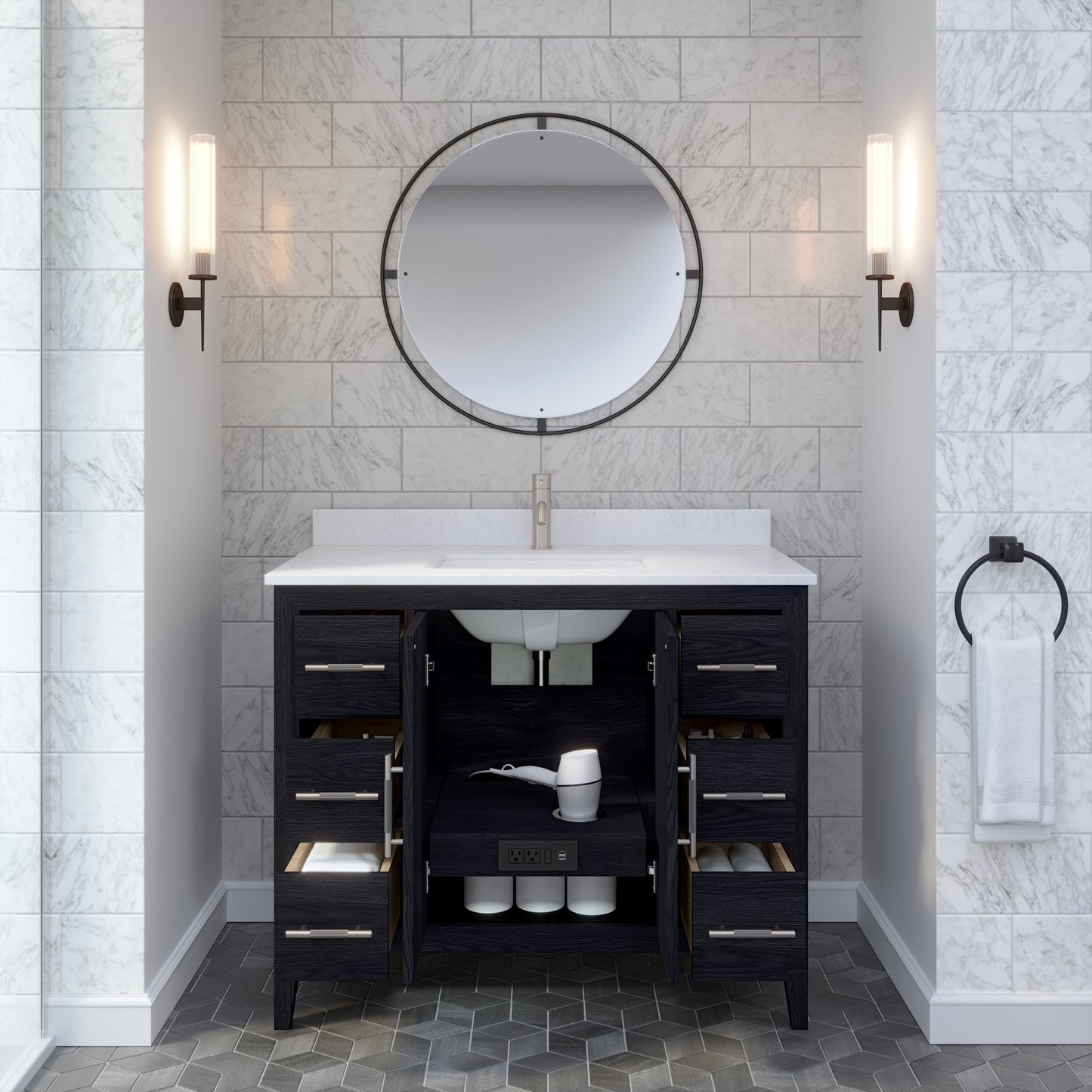 Meuble-lavabo Vance avec multiprise et ports USB, armoire en bois massif, comptoir en quartz Diamond, tiroirs et portes à fermeture amortie, évier en céramique sous plan, préassemblé