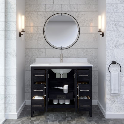 Meuble-lavabo Vance avec multiprise et ports USB, armoire en bois massif, comptoir en quartz Diamond, tiroirs et portes à fermeture amortie, évier en céramique sous plan, préassemblé