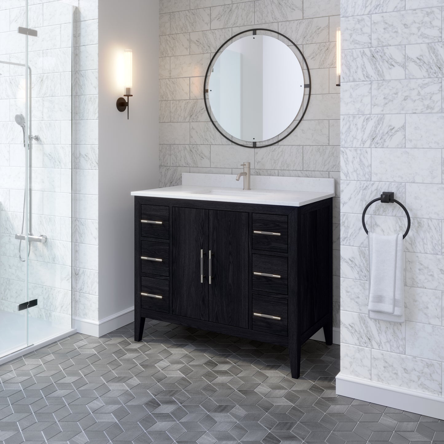 Meuble-lavabo Vance avec multiprise et ports USB, armoire en bois massif, comptoir en quartz Diamond, tiroirs et portes à fermeture amortie, évier en céramique sous plan, préassemblé