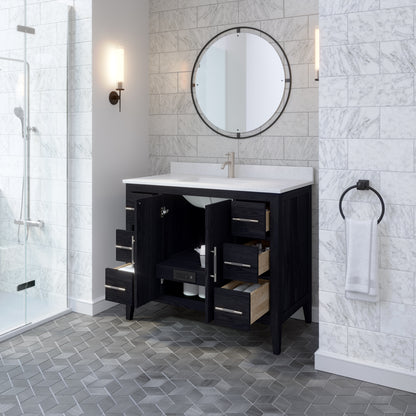 Meuble-lavabo Vance avec multiprise et ports USB, armoire en bois massif, comptoir en quartz Diamond, tiroirs et portes à fermeture amortie, évier en céramique sous plan, préassemblé