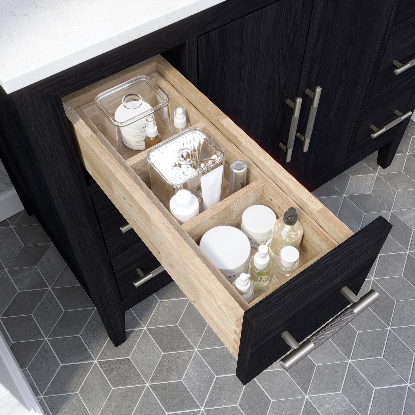 Meuble-lavabo Vance avec multiprise et ports USB, armoire en bois massif, comptoir en quartz Diamond, tiroirs et portes à fermeture amortie, évier en céramique sous plan, préassemblé