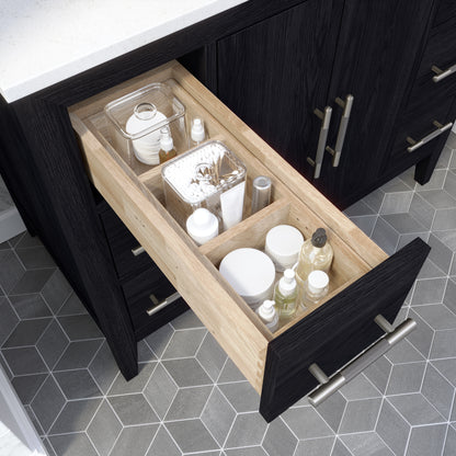 Meuble-lavabo Vance avec multiprise et ports USB, armoire en bois massif, comptoir en quartz Diamond, tiroirs et portes à fermeture amortie, évier en céramique sous plan, préassemblé