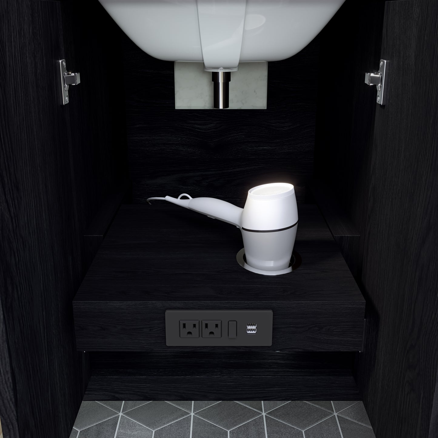 Meuble-lavabo Vance avec multiprise et ports USB, armoire en bois massif, comptoir en quartz Diamond, tiroirs et portes à fermeture amortie, évier en céramique sous plan, préassemblé