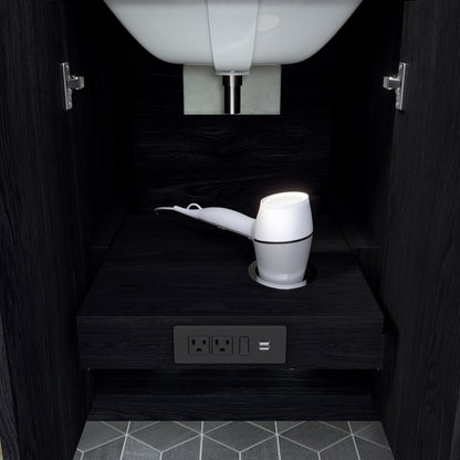 Meuble-lavabo Vance avec multiprise et ports USB, armoire en bois massif, comptoir en quartz Diamond, tiroirs et portes à fermeture amortie, évier en céramique sous plan, préassemblé