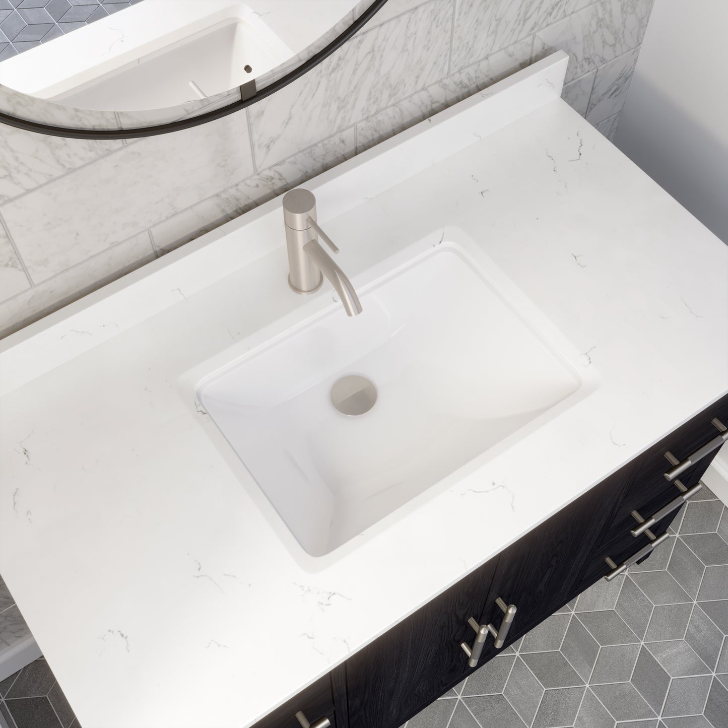 Meuble-lavabo Vance avec multiprise et ports USB, armoire en bois massif, comptoir en quartz Diamond, tiroirs et portes à fermeture amortie, évier en céramique sous plan, préassemblé