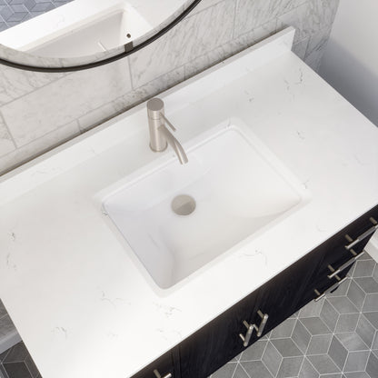 Meuble-lavabo Vance avec multiprise et ports USB, armoire en bois massif, comptoir en quartz Diamond, tiroirs et portes à fermeture amortie, évier en céramique sous plan, préassemblé