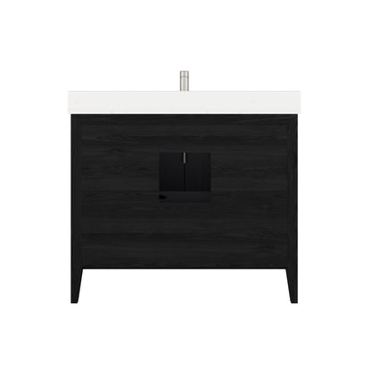 Meuble-lavabo Vance avec multiprise et ports USB, armoire en bois massif, comptoir en quartz Diamond, tiroirs et portes à fermeture amortie, évier en céramique sous plan, préassemblé