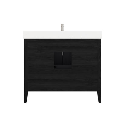 Meuble-lavabo Vance avec multiprise et ports USB, armoire en bois massif, comptoir en quartz Diamond, tiroirs et portes à fermeture amortie, évier en céramique sous plan, préassemblé