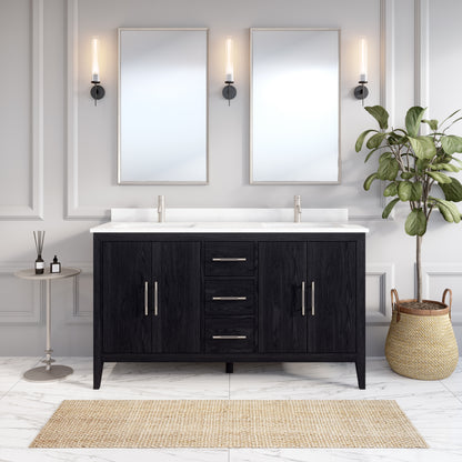 Meuble-lavabo Vance avec multiprise et ports USB, armoire en bois massif, comptoir en quartz Diamond, tiroirs et portes à fermeture amortie, évier en céramique sous plan, préassemblé