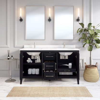 Meuble-lavabo Vance avec multiprise et ports USB, armoire en bois massif, comptoir en quartz Diamond, tiroirs et portes à fermeture amortie, évier en céramique sous plan, préassemblé