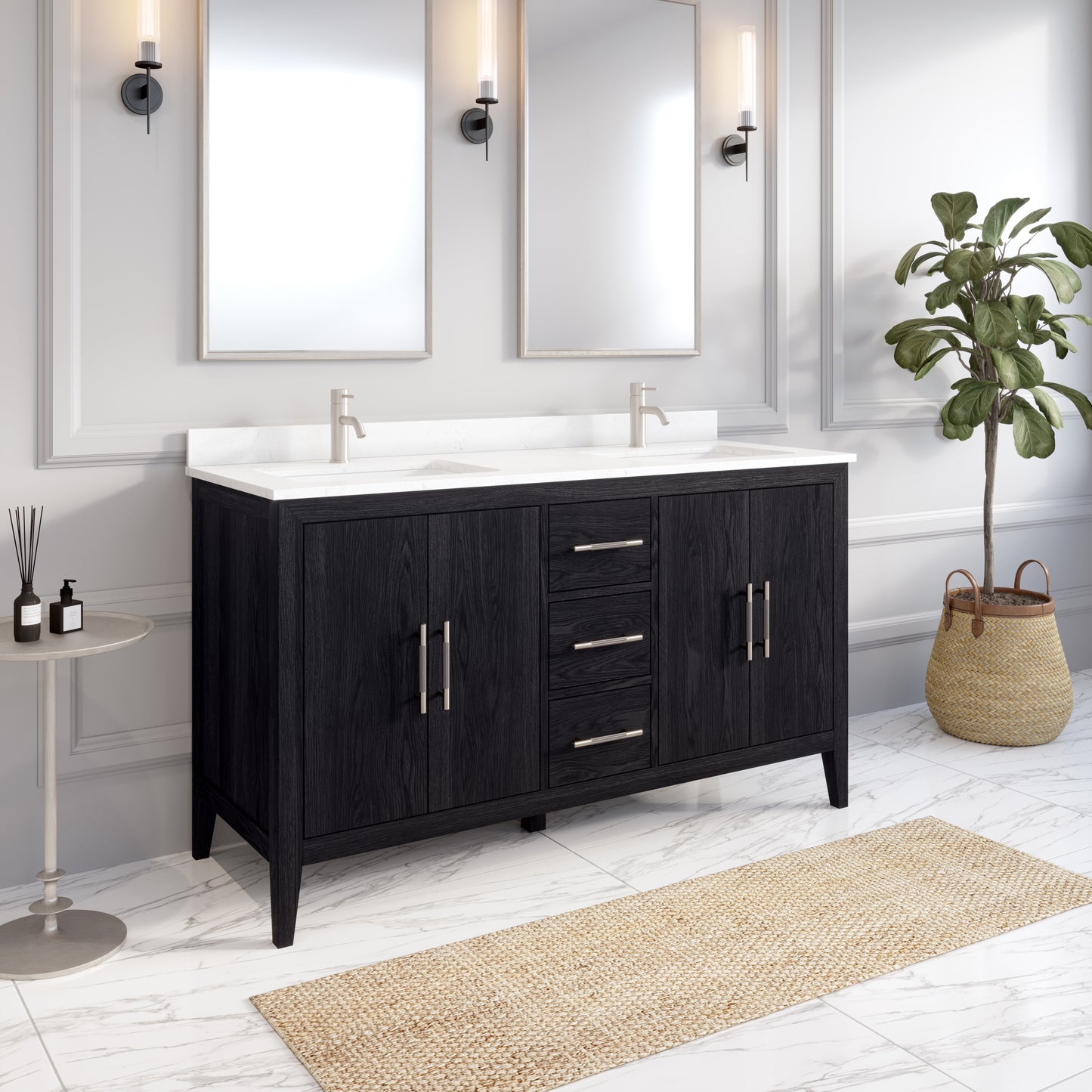 Meuble-lavabo Vance avec multiprise et ports USB, armoire en bois massif, comptoir en quartz Diamond, tiroirs et portes à fermeture amortie, évier en céramique sous plan, préassemblé