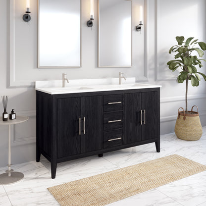Meuble-lavabo Vance avec multiprise et ports USB, armoire en bois massif, comptoir en quartz Diamond, tiroirs et portes à fermeture amortie, évier en céramique sous plan, préassemblé