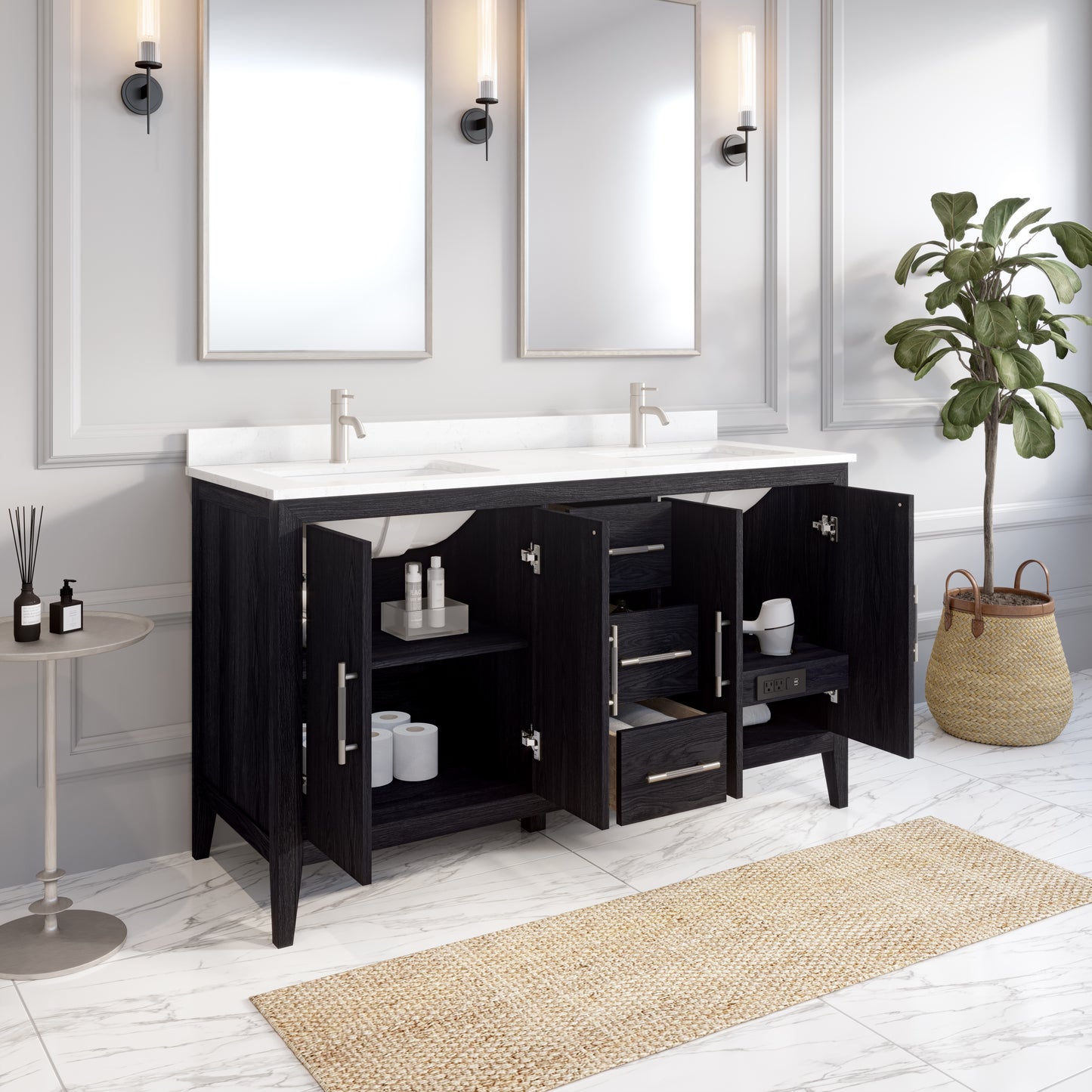Meuble-lavabo Vance avec multiprise et ports USB, armoire en bois massif, comptoir en quartz Diamond, tiroirs et portes à fermeture amortie, évier en céramique sous plan, préassemblé