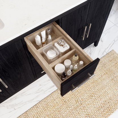 Meuble-lavabo Vance avec multiprise et ports USB, armoire en bois massif, comptoir en quartz Diamond, tiroirs et portes à fermeture amortie, évier en céramique sous plan, préassemblé