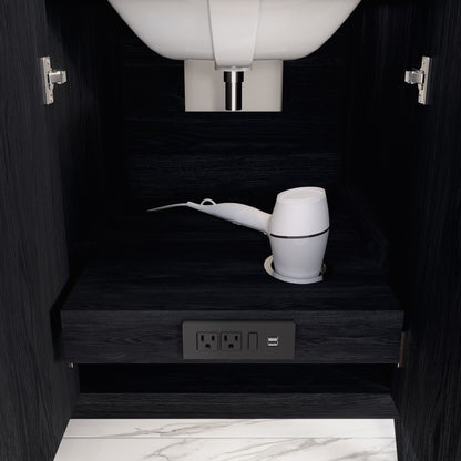 Meuble-lavabo Vance avec multiprise et ports USB, armoire en bois massif, comptoir en quartz Diamond, tiroirs et portes à fermeture amortie, évier en céramique sous plan, préassemblé