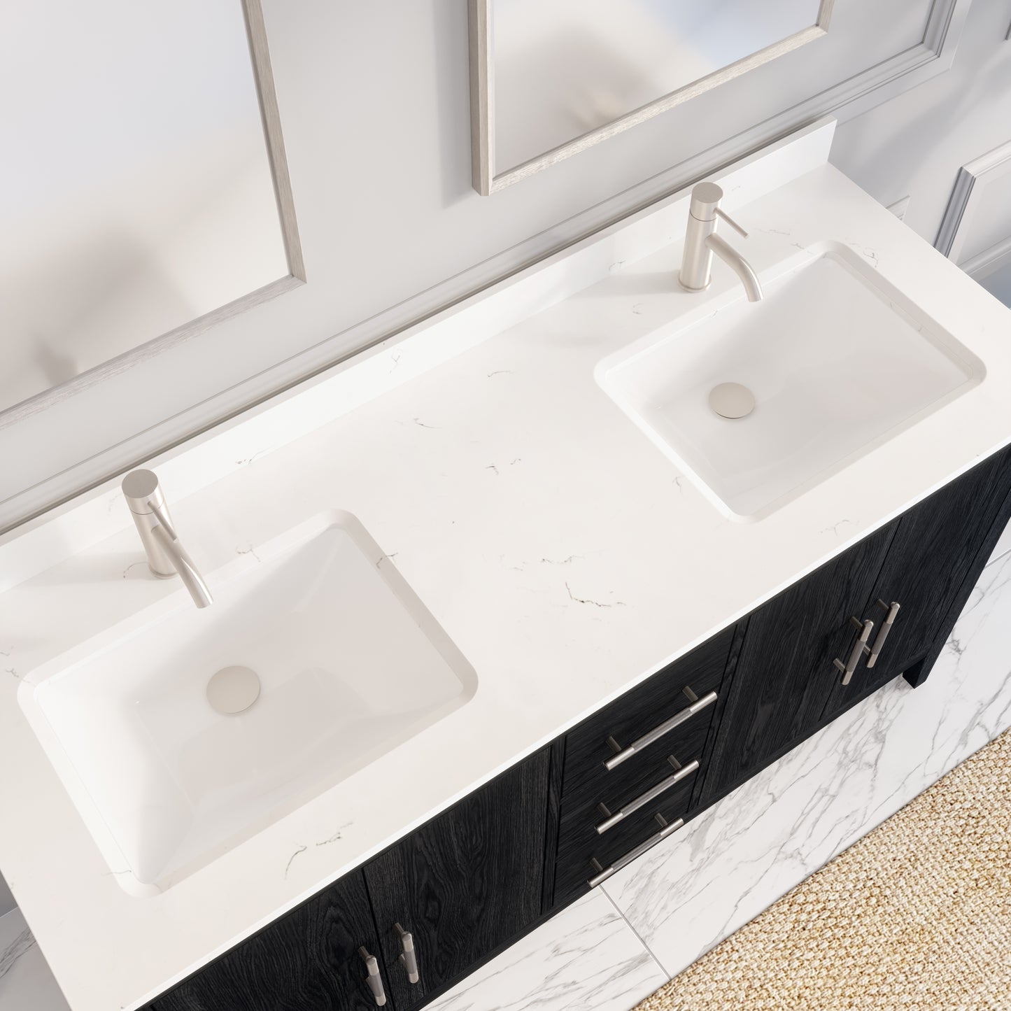 Meuble-lavabo Vance avec multiprise et ports USB, armoire en bois massif, comptoir en quartz Diamond, tiroirs et portes à fermeture amortie, évier en céramique sous plan, préassemblé