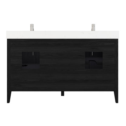 Meuble-lavabo Vance avec multiprise et ports USB, armoire en bois massif, comptoir en quartz Diamond, tiroirs et portes à fermeture amortie, évier en céramique sous plan, préassemblé