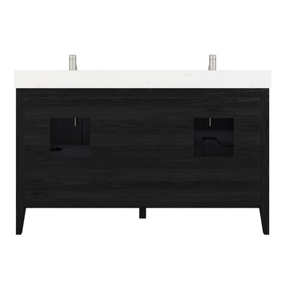 Meuble-lavabo Vance avec multiprise et ports USB, armoire en bois massif, comptoir en quartz Diamond, tiroirs et portes à fermeture amortie, évier en céramique sous plan, préassemblé