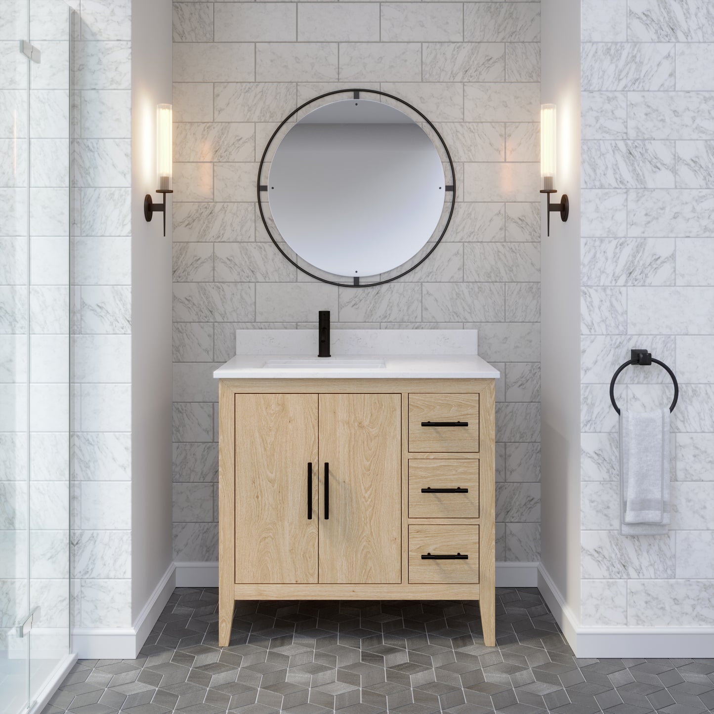Meuble-lavabo Vance avec multiprise et ports USB, armoire en bois massif, comptoir en quartz Diamond, tiroirs et portes à fermeture amortie, évier en céramique sous plan, préassemblé