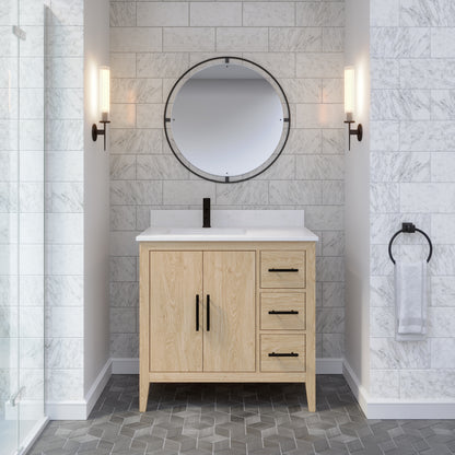 Meuble-lavabo Vance avec multiprise et ports USB, armoire en bois massif, comptoir en quartz Diamond, tiroirs et portes à fermeture amortie, évier en céramique sous plan, préassemblé