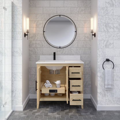 Meuble-lavabo Vance avec multiprise et ports USB, armoire en bois massif, comptoir en quartz Diamond, tiroirs et portes à fermeture amortie, évier en céramique sous plan, préassemblé