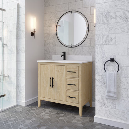 Meuble-lavabo Vance avec multiprise et ports USB, armoire en bois massif, comptoir en quartz Diamond, tiroirs et portes à fermeture amortie, évier en céramique sous plan, préassemblé