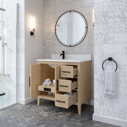 Meuble-lavabo Vance avec multiprise et ports USB, armoire en bois massif, comptoir en quartz Diamond, tiroirs et portes à fermeture amortie, évier en céramique sous plan, préassemblé