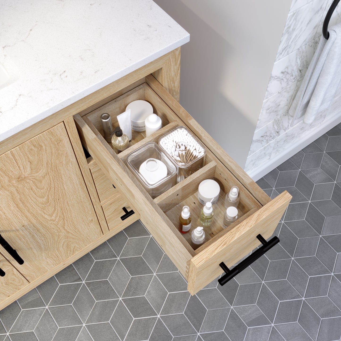 Meuble-lavabo Vance avec multiprise et ports USB, armoire en bois massif, comptoir en quartz Diamond, tiroirs et portes à fermeture amortie, évier en céramique sous plan, préassemblé