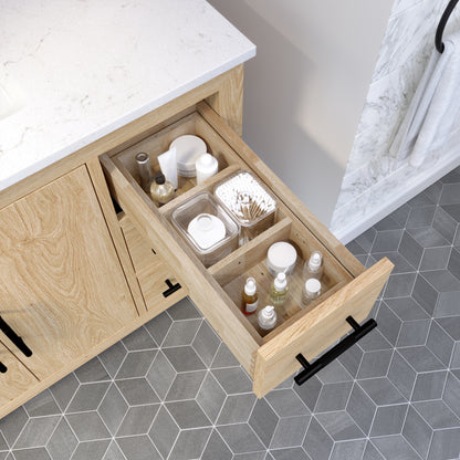 Meuble-lavabo Vance avec multiprise et ports USB, armoire en bois massif, comptoir en quartz Diamond, tiroirs et portes à fermeture amortie, évier en céramique sous plan, préassemblé