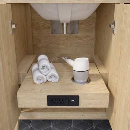 Meuble-lavabo Vance avec multiprise et ports USB, armoire en bois massif, comptoir en quartz Diamond, tiroirs et portes à fermeture amortie, évier en céramique sous plan, préassemblé