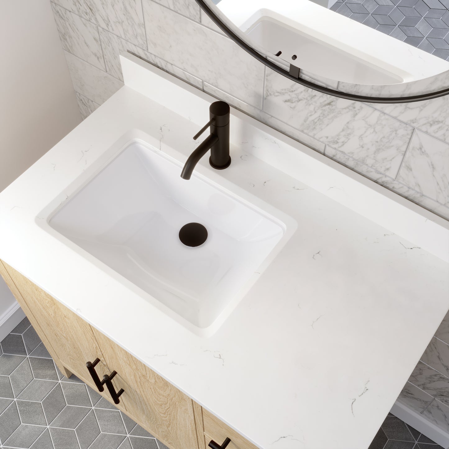 Meuble-lavabo Vance avec multiprise et ports USB, armoire en bois massif, comptoir en quartz Diamond, tiroirs et portes à fermeture amortie, évier en céramique sous plan, préassemblé