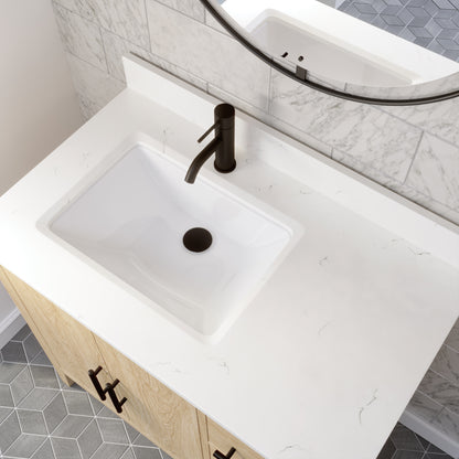 Meuble-lavabo Vance avec multiprise et ports USB, armoire en bois massif, comptoir en quartz Diamond, tiroirs et portes à fermeture amortie, évier en céramique sous plan, préassemblé