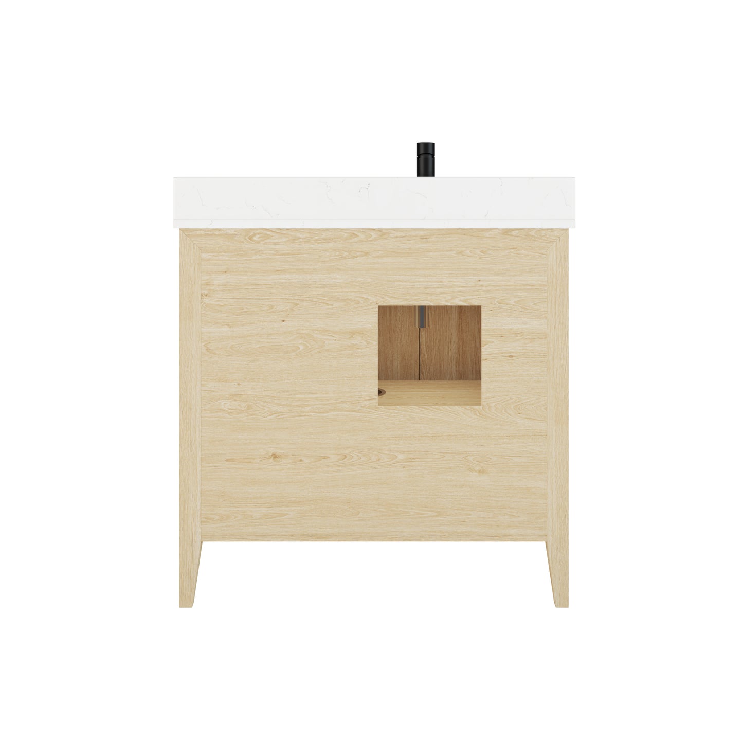 Meuble-lavabo Vance avec multiprise et ports USB, armoire en bois massif, comptoir en quartz Diamond, tiroirs et portes à fermeture amortie, évier en céramique sous plan, préassemblé
