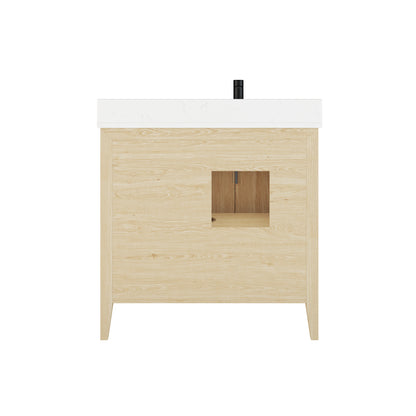 Meuble-lavabo Vance avec multiprise et ports USB, armoire en bois massif, comptoir en quartz Diamond, tiroirs et portes à fermeture amortie, évier en céramique sous plan, préassemblé