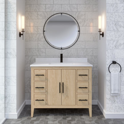 Meuble-lavabo Vance avec multiprise et ports USB, armoire en bois massif, comptoir en quartz Diamond, tiroirs et portes à fermeture amortie, évier en céramique sous plan, préassemblé