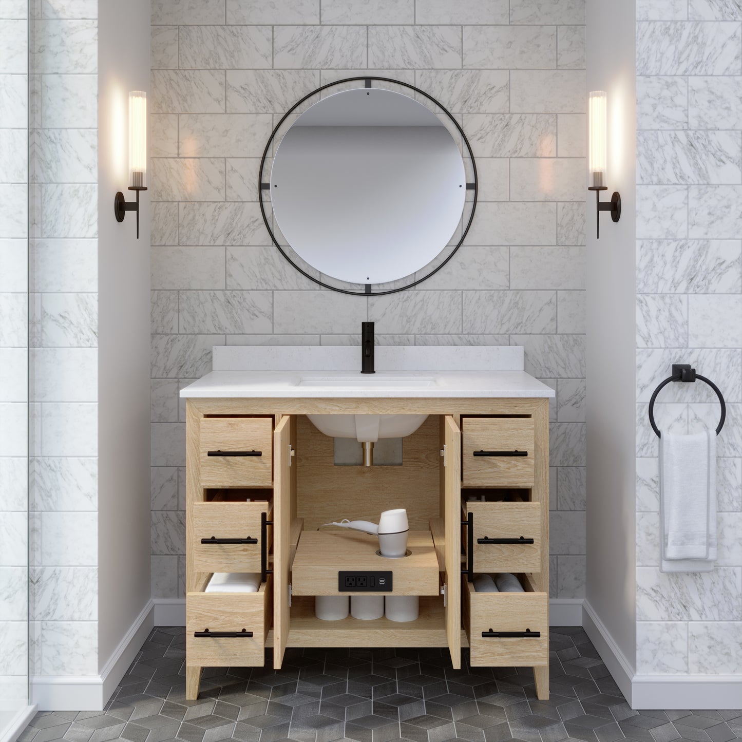 Meuble-lavabo Vance avec multiprise et ports USB, armoire en bois massif, comptoir en quartz Diamond, tiroirs et portes à fermeture amortie, évier en céramique sous plan, préassemblé