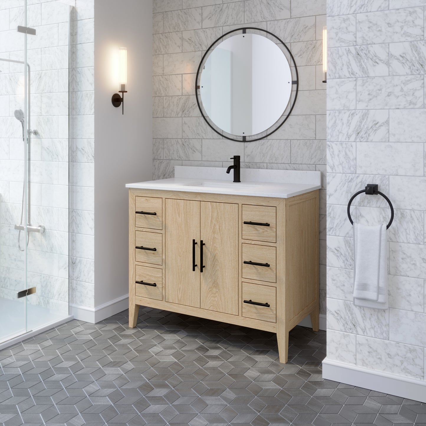 Meuble-lavabo Vance avec multiprise et ports USB, armoire en bois massif, comptoir en quartz Diamond, tiroirs et portes à fermeture amortie, évier en céramique sous plan, préassemblé