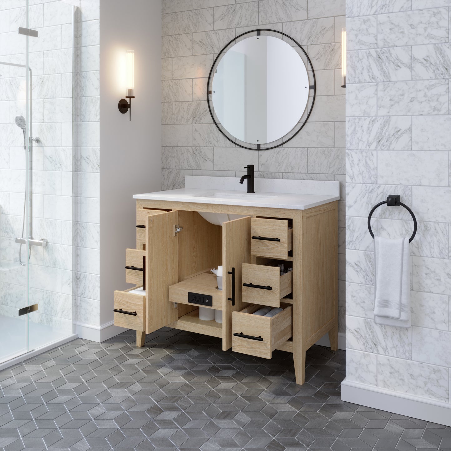 Meuble-lavabo Vance avec multiprise et ports USB, armoire en bois massif, comptoir en quartz Diamond, tiroirs et portes à fermeture amortie, évier en céramique sous plan, préassemblé