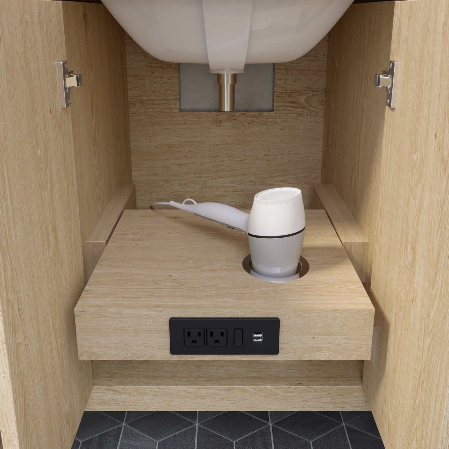 Meuble-lavabo Vance avec multiprise et ports USB, armoire en bois massif, comptoir en quartz Diamond, tiroirs et portes à fermeture amortie, évier en céramique sous plan, préassemblé