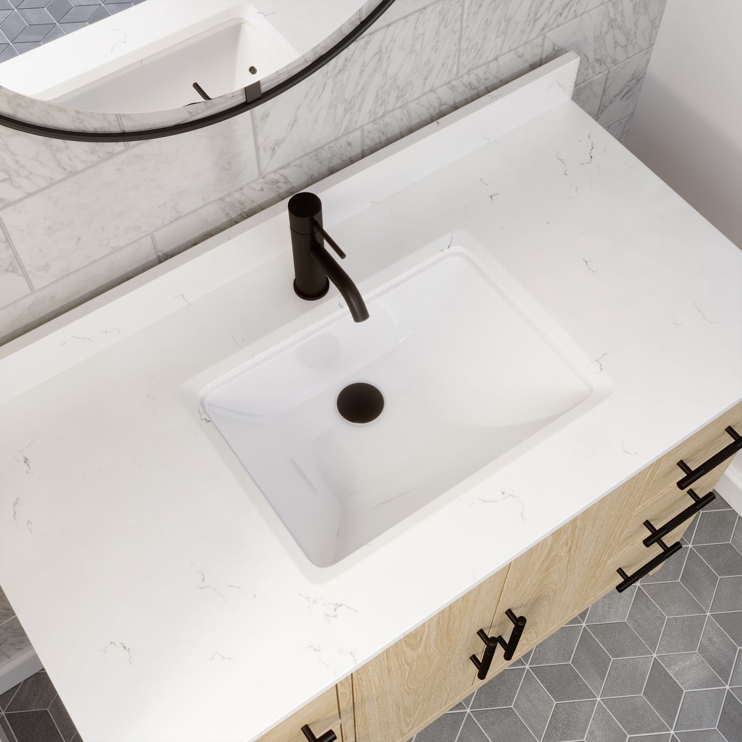 Meuble-lavabo Vance avec multiprise et ports USB, armoire en bois massif, comptoir en quartz Diamond, tiroirs et portes à fermeture amortie, évier en céramique sous plan, préassemblé