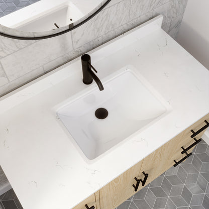 Meuble-lavabo Vance avec multiprise et ports USB, armoire en bois massif, comptoir en quartz Diamond, tiroirs et portes à fermeture amortie, évier en céramique sous plan, préassemblé