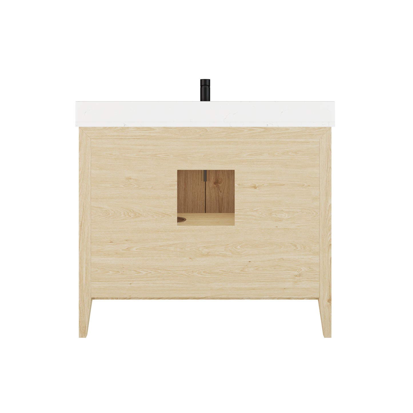 Meuble-lavabo Vance avec multiprise et ports USB, armoire en bois massif, comptoir en quartz Diamond, tiroirs et portes à fermeture amortie, évier en céramique sous plan, préassemblé