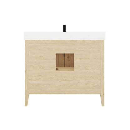 Meuble-lavabo Vance avec multiprise et ports USB, armoire en bois massif, comptoir en quartz Diamond, tiroirs et portes à fermeture amortie, évier en céramique sous plan, préassemblé